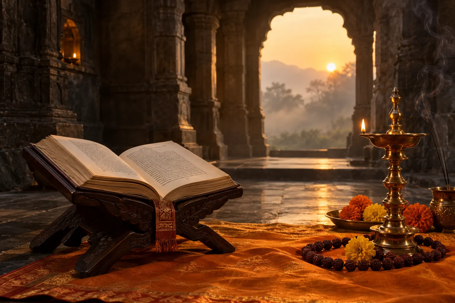 पहाटेच्या मंदिरात वाचनासाठी उघडलेली पोथी आणि प्रज्वलित पितळी समई